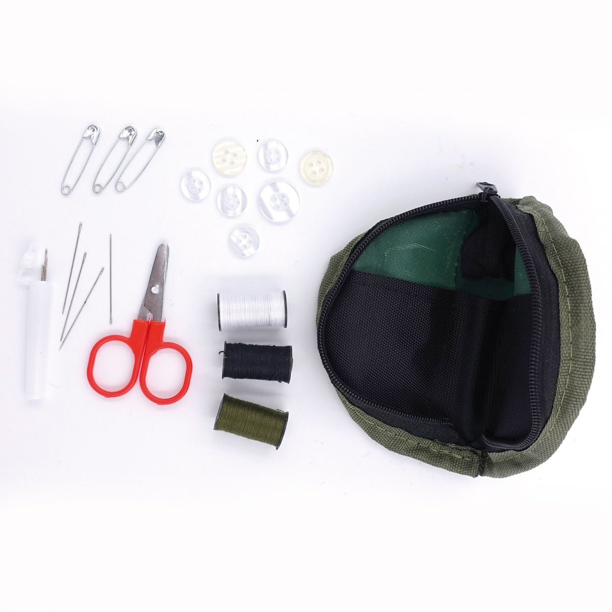 Trousse de couture militaire OPEX avec ciseaux, 3 bobines, aiguilles et boutons
