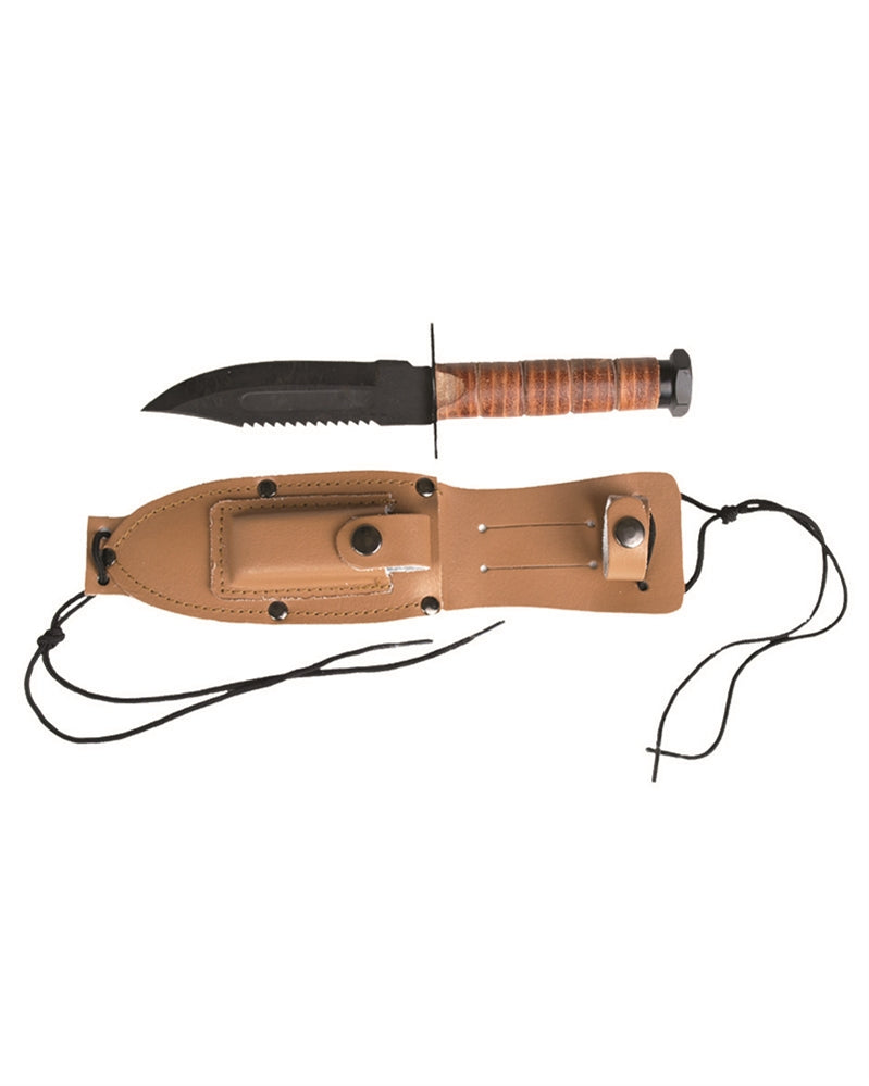 Couteau de survie pilote US Mil-Tec en acier au carbone lame 12,5 cm avec étui cuir