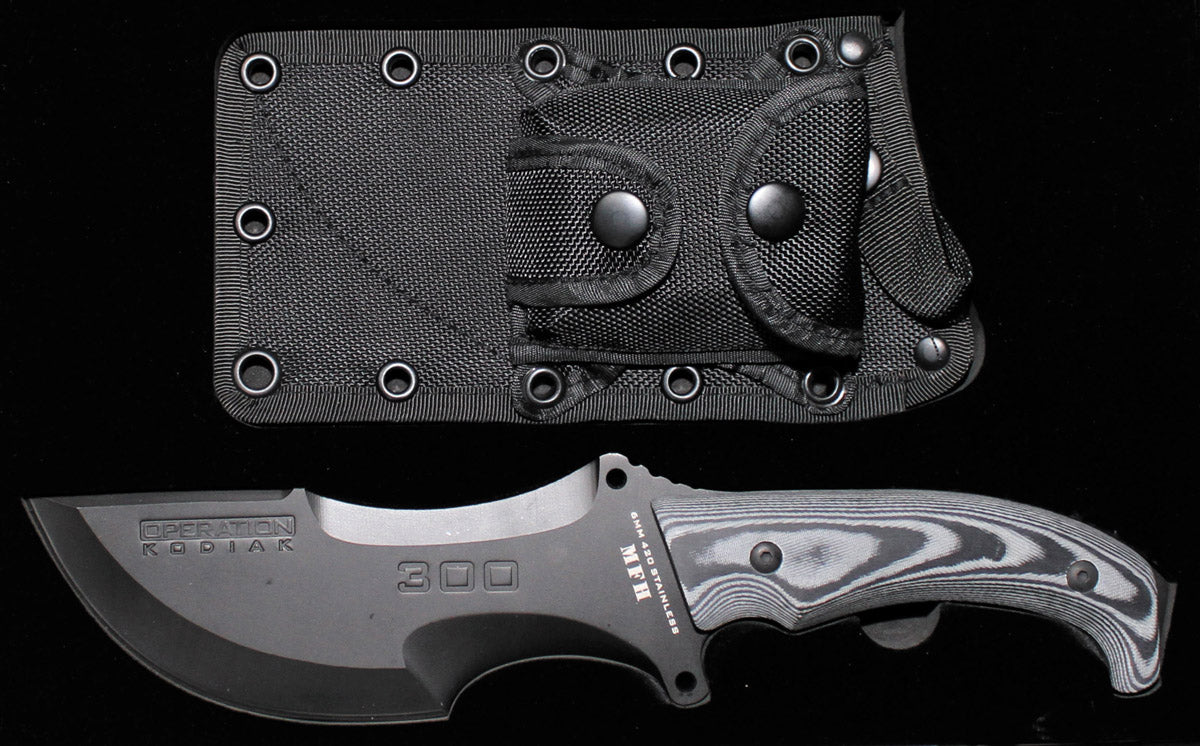 Couteau à lame fixe Operation Kodiak MFH manche Micarta lame courbe 17 cm 6 mm