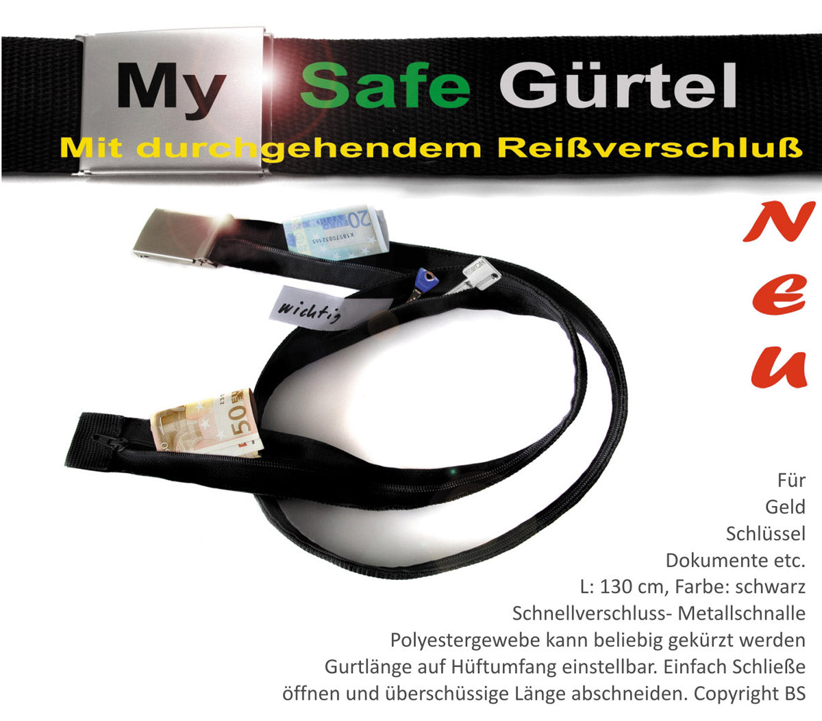 Ceinture MFH en polyester 4 cm à compartiment intérieur à glissière de 70 cm