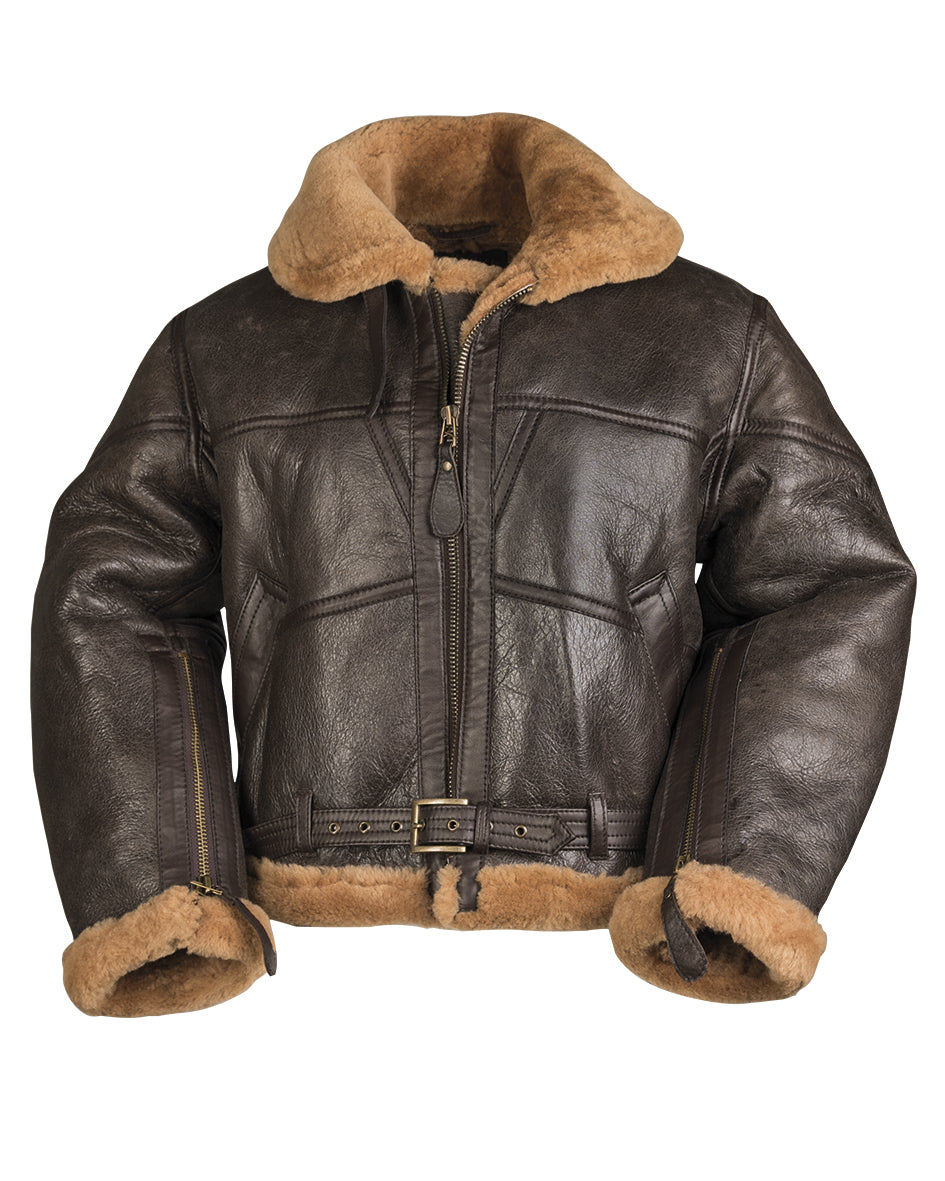 Blouson aviateur type RAF Mil-Tec en peau lainée d'agneau avec demi-ceinture à boucle laiton