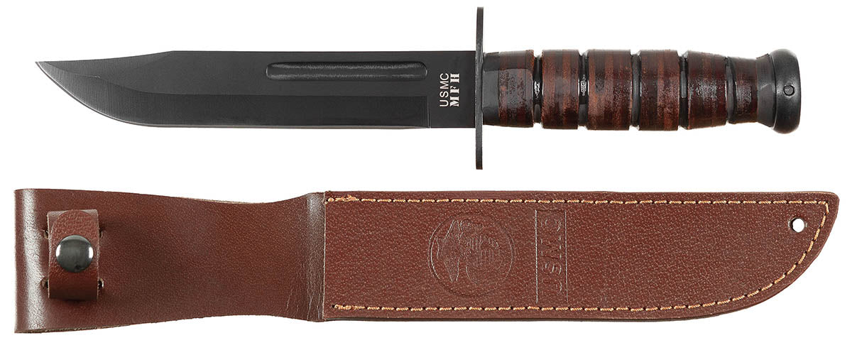 Couteau de combat USMC MFH lame 17,5 cm manche cuir empilé et fourreau cuir cousu