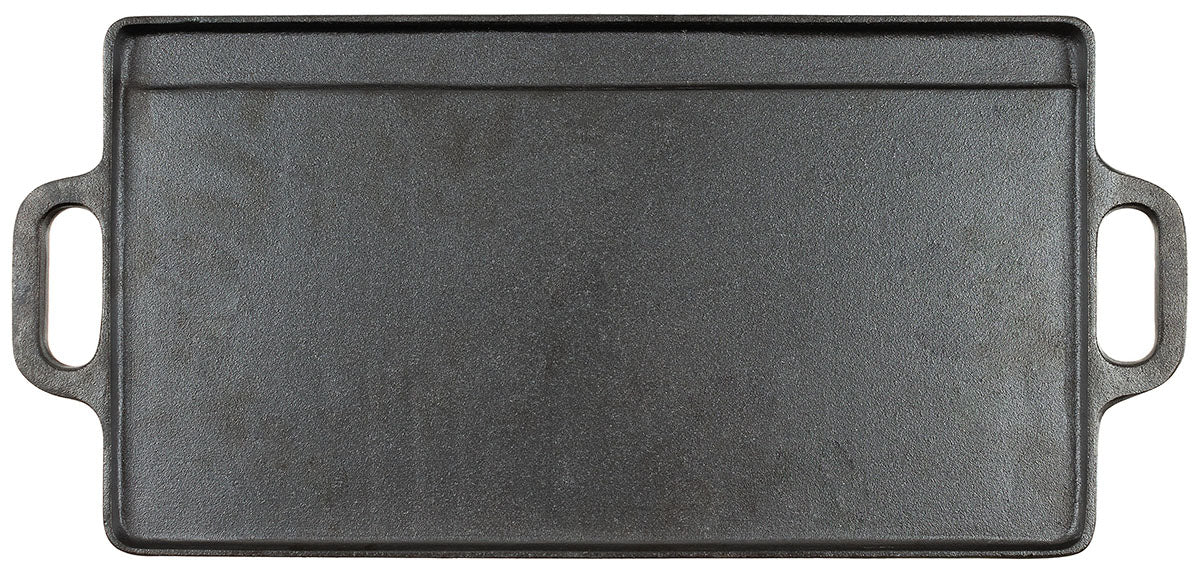 Plancha réversible en fonte Fox Outdoor 50 x 23 cm à deux poignées et face rainurée