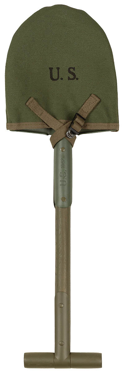 Pelle type US M10 MFH manche bois en T 59 cm avec housse toile à ceinturon