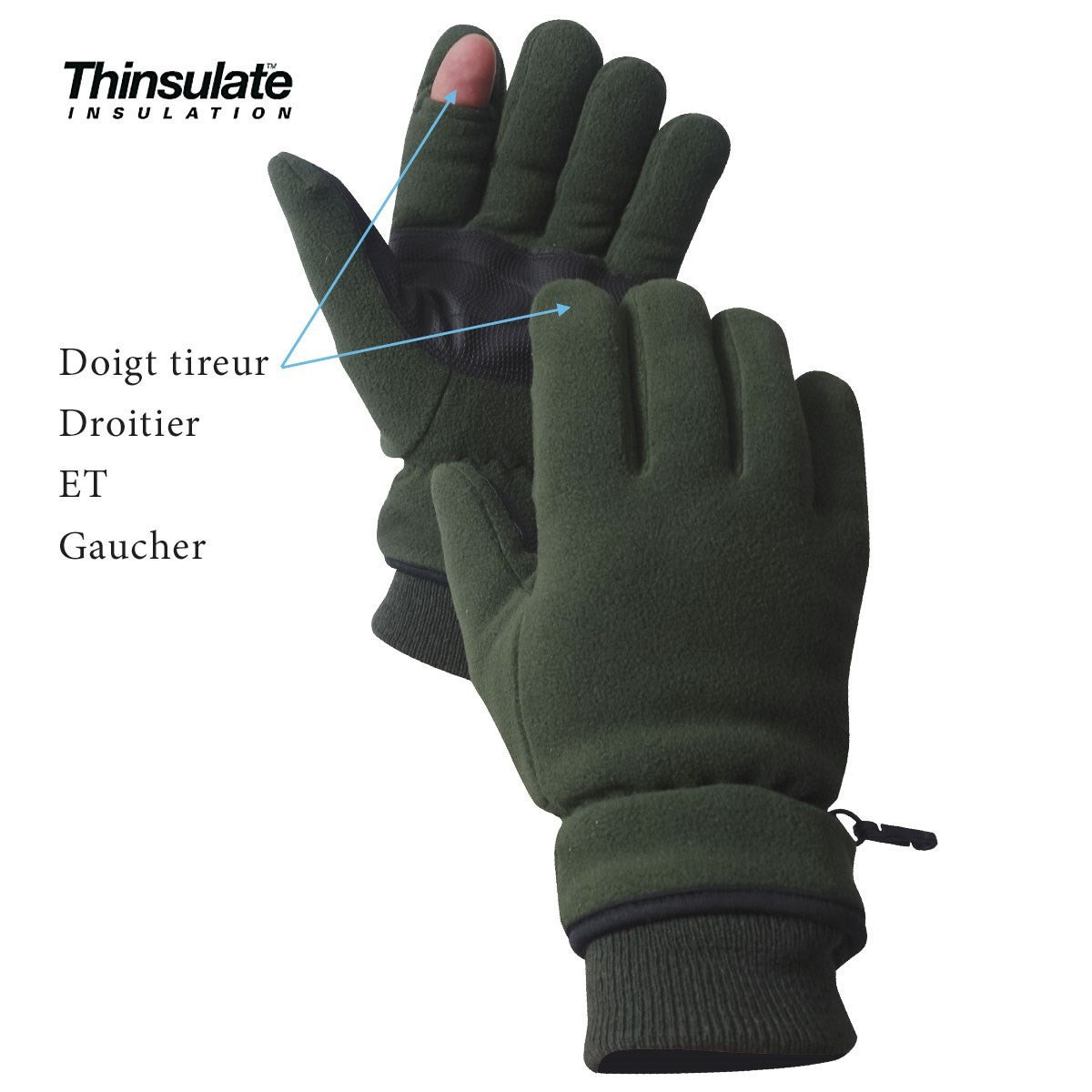 Gants polaires doublure Thinsulate doigt tireur ambidextre renfort de paume