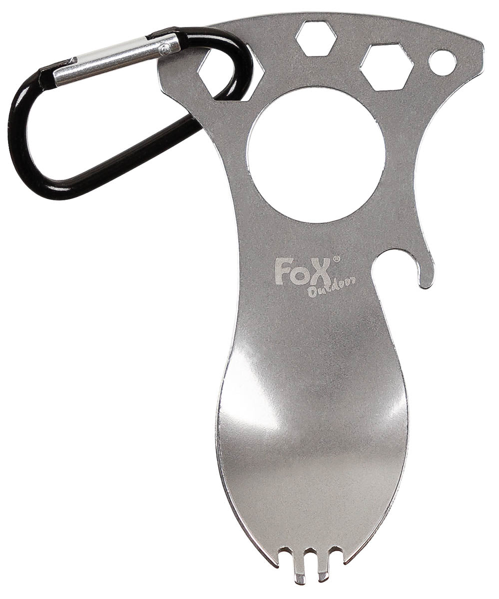 Cuillère-fourchette Fox Outdoor inox avec décapsuleur et clés de 6 à 10 mm