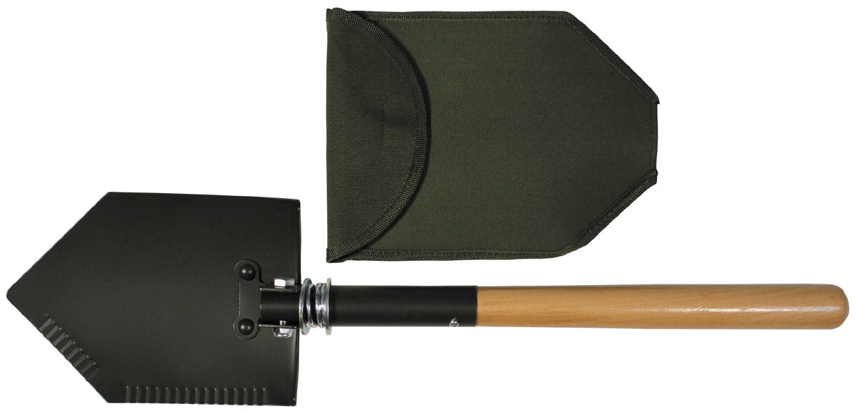 Pelle pliante Deluxe MFH manche bois 2 pièces 60 cm lame à dents avec étui