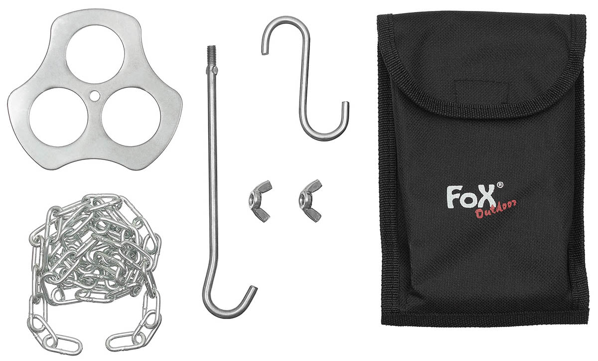 Support de trépied Fox Outdoor en acier inoxydable avec chaîne de 100 cm et crochets