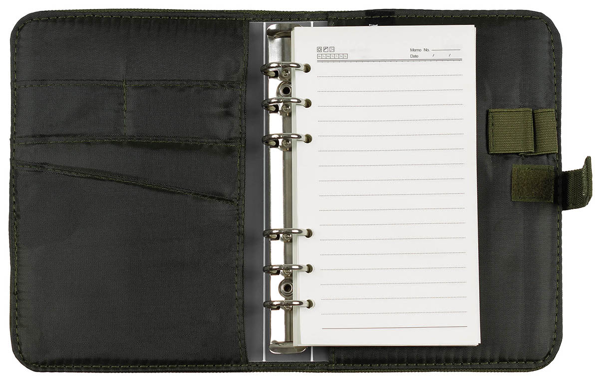 Organiseur A6 MFH 14 x 20 cm avec bloc de feuilles, porte-anneaux et écusson amovible