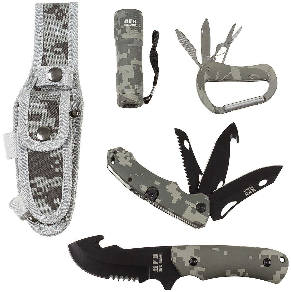 Ensemble couteau de survie MFH lame 10 cm avec couteau pliant scie et lampe