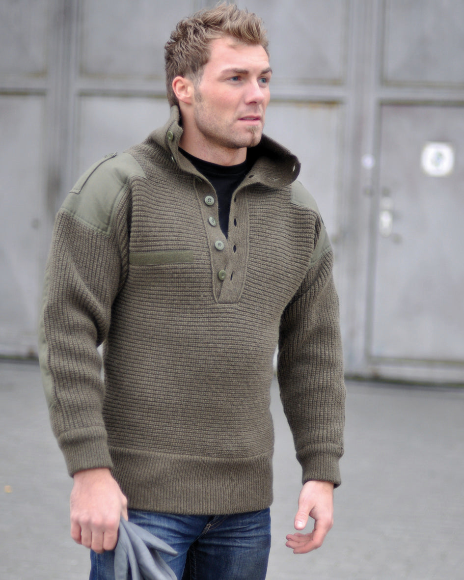 Pull type armée autrichienne Mil-Tec en laine épaisse col boutonné coudes renforcés