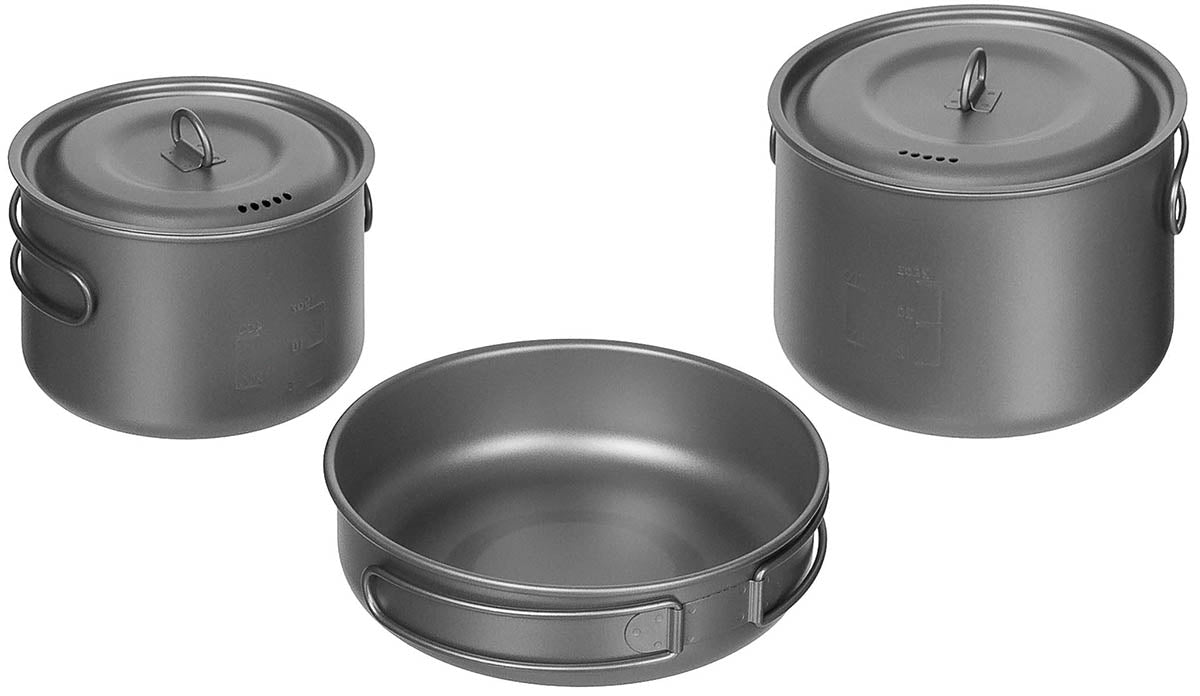 Popote en titane Fox Outdoor 5 pièces 2 marmites 1 poêle et 2 couvercles 360 g