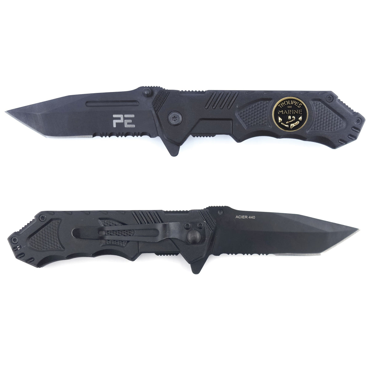 Couteau pliant OPEX Survival Troupes de Marine lame acier 440 de 8,5 cm avec étui