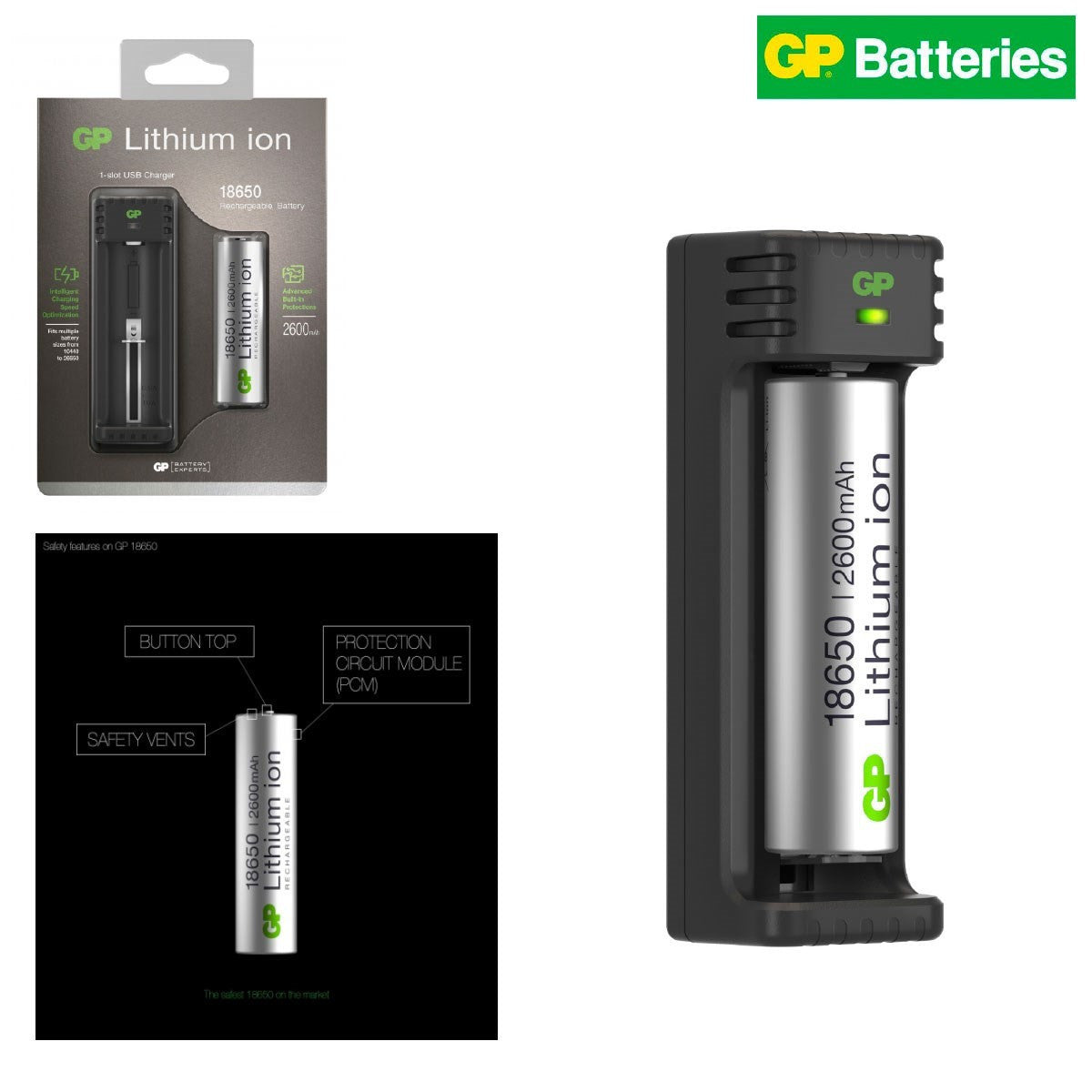 Chargeur d'accus USB un emplacement lithium-ion 10440 à 26650 avec accu 18650