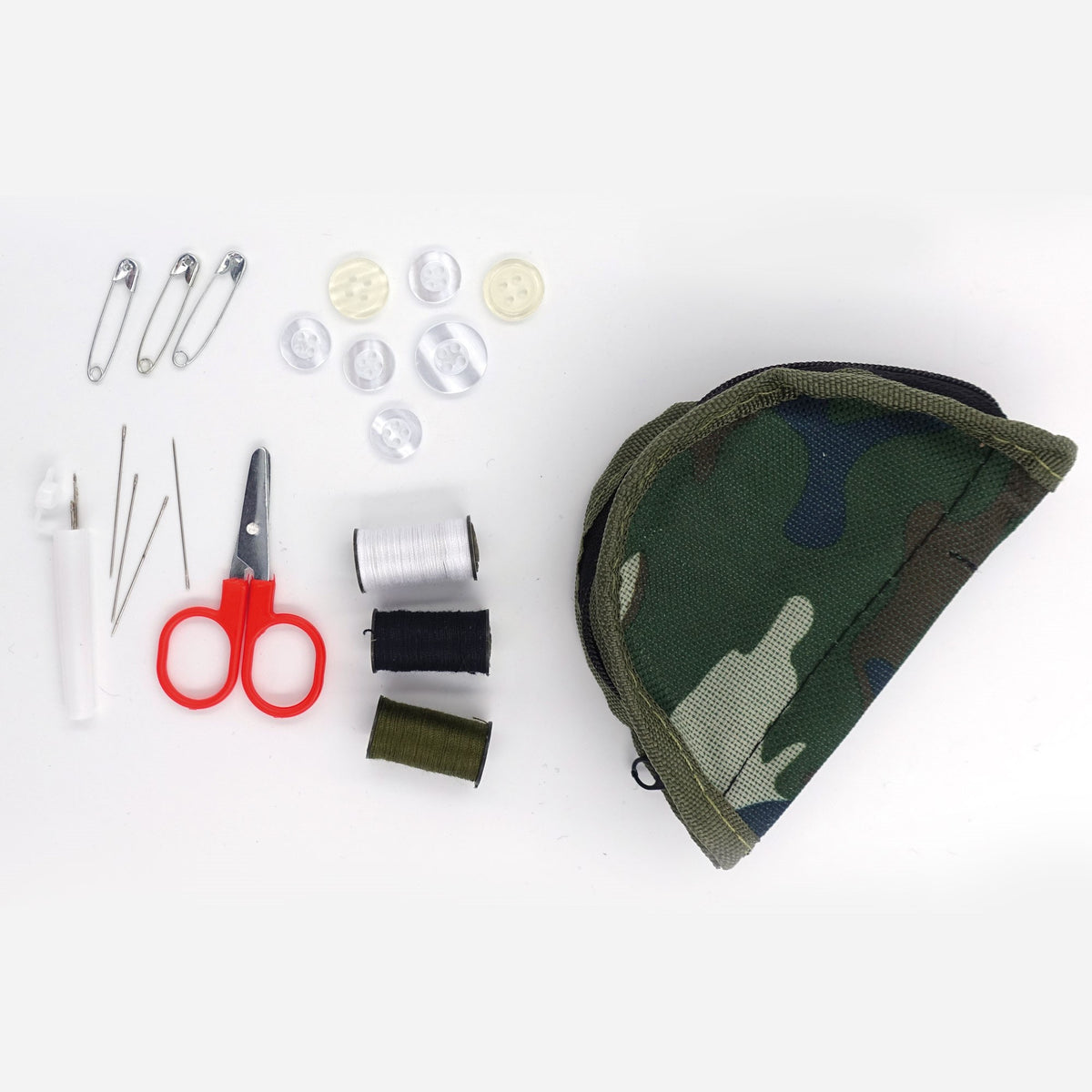 Trousse de couture militaire OPEX avec ciseaux, 3 bobines, aiguilles et boutons