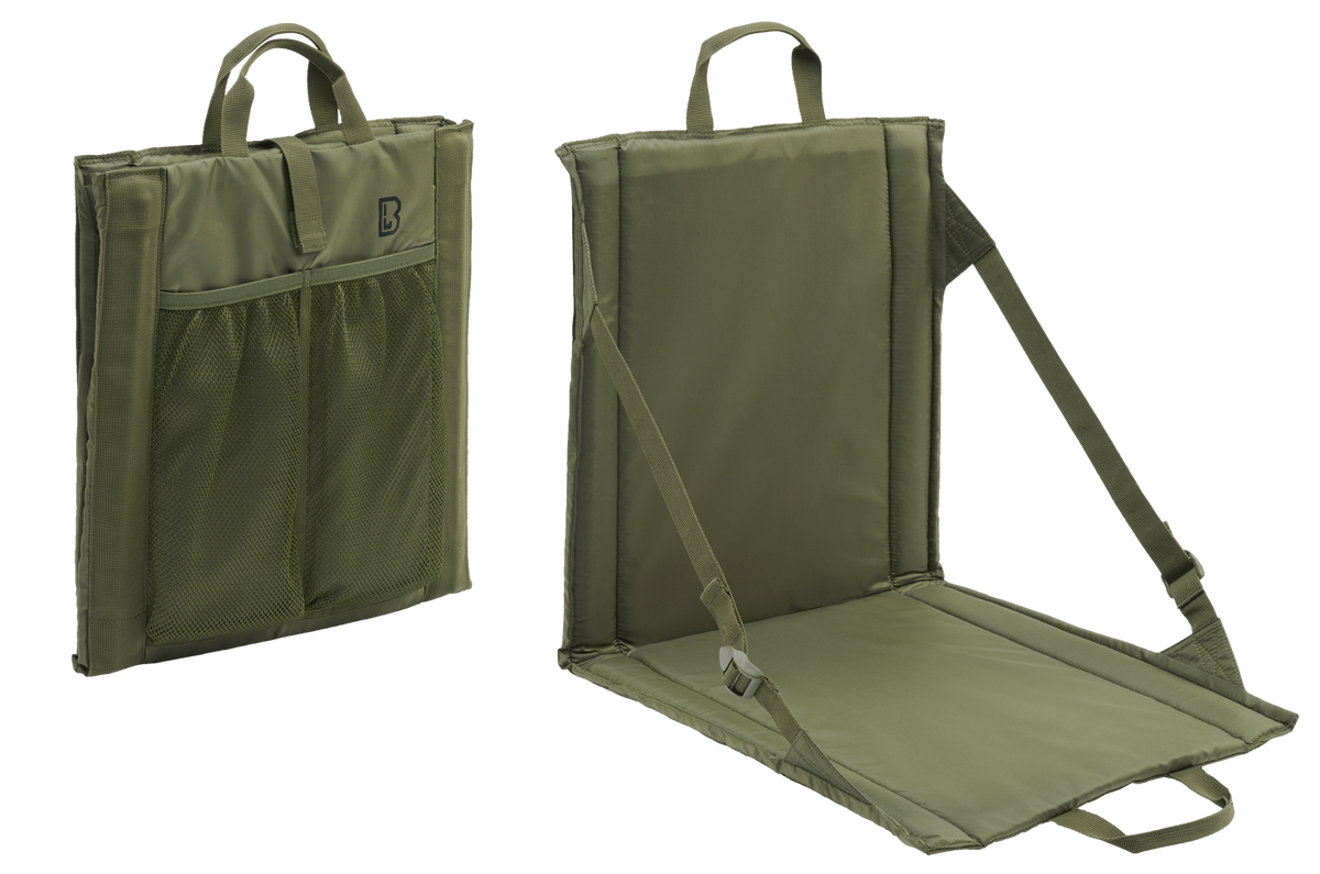 Siège pliant Brandit Foldable Seat 40 x 38 cm dossier inclinable et poche filet double