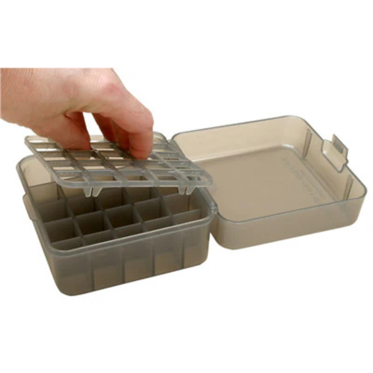 Boîte de rangement MTM compartimentée pour 25 cartouches calibre 12 / 16 / 20