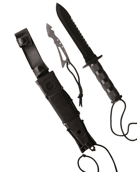Couteau de survie Mil-Tec lame inox 16 cm avec nécessaire de survie de douze éléments