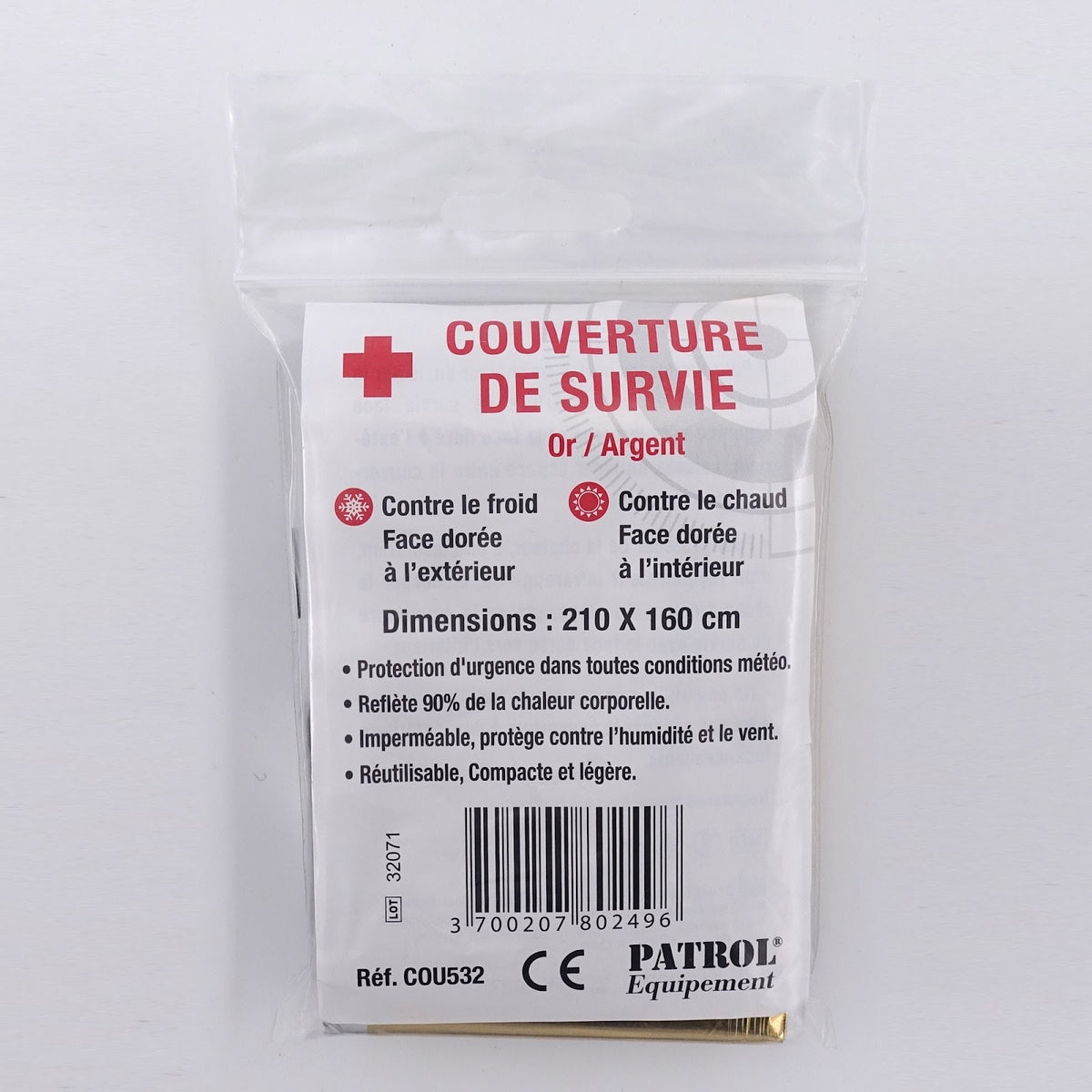Couverture de survie OPEX isotherme 210 x 160 cm réutilisable 60 g certifiée CE
