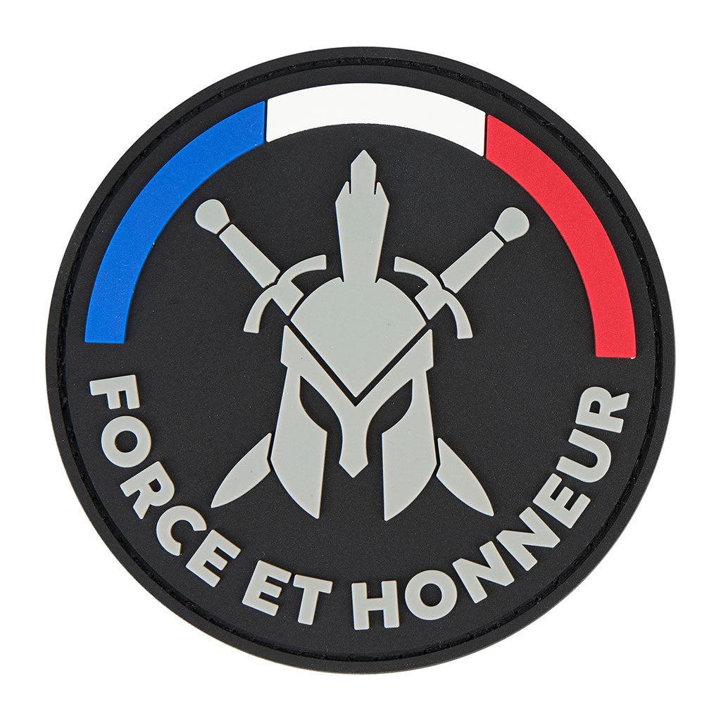 Écusson rond casque spartiate Forces et Honneur Ares en PVC 8 cm auto-agrippant