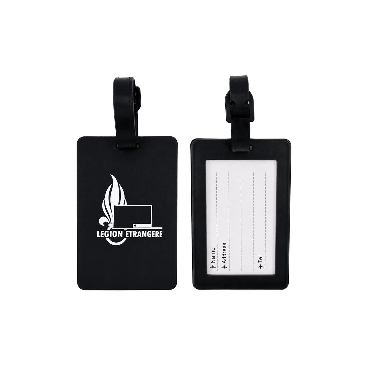 Étiquette de bagage en rubber 10 x 6,5 cm avec fiche d'identification au dos