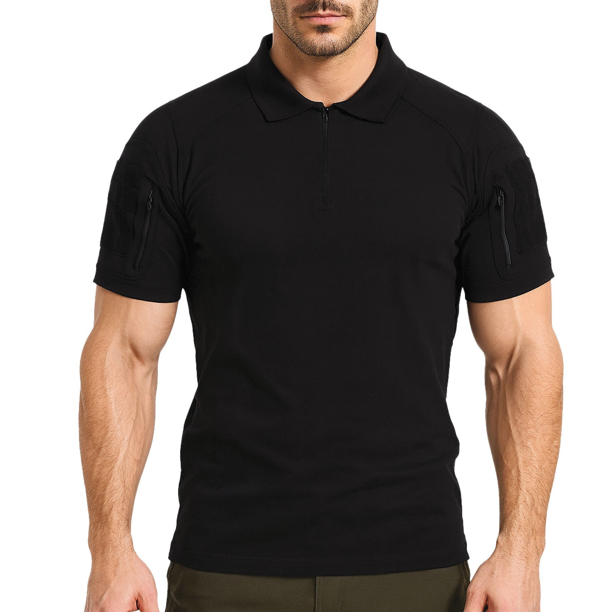 Polo tactique col à glissière coton polyester élasthanne deux poches de manche