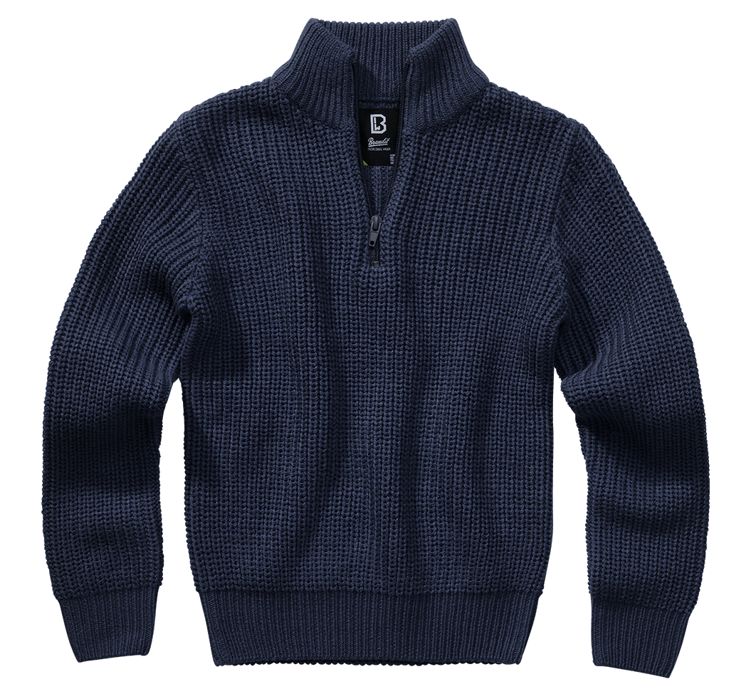 Pull enfant Brandit Marine Troyer maille acrylique col montant à glissière bords côtes