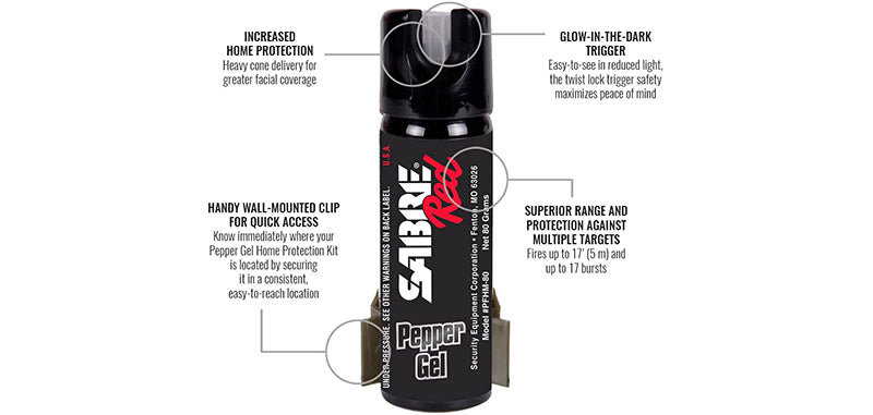 Aérosol lacrymogène en gel Sabre Red pour le domicile 73,9 ml avec support mural