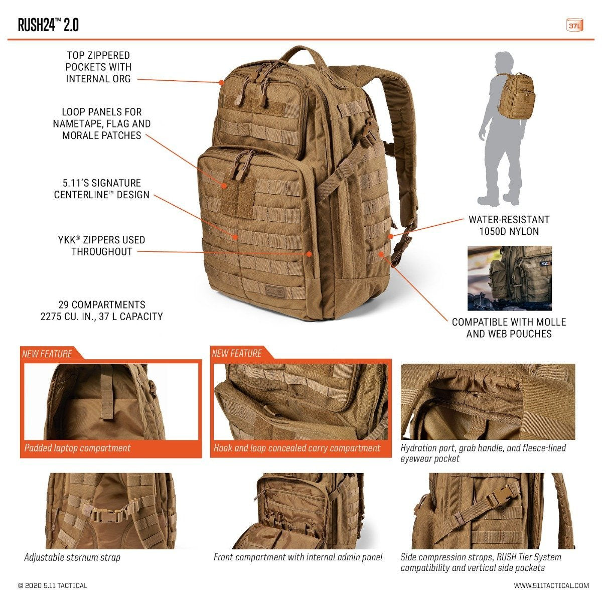 Sac à dos 5.11 Tactical RUSH 24 2.0 37 L en nylon avec compartiment ordinateur