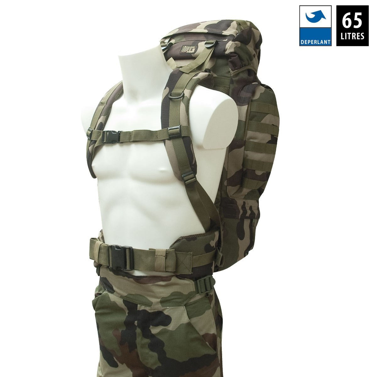 Sac à dos 65 litres en polyester Rip-Stop enduit PVC avec attaches MOLLE