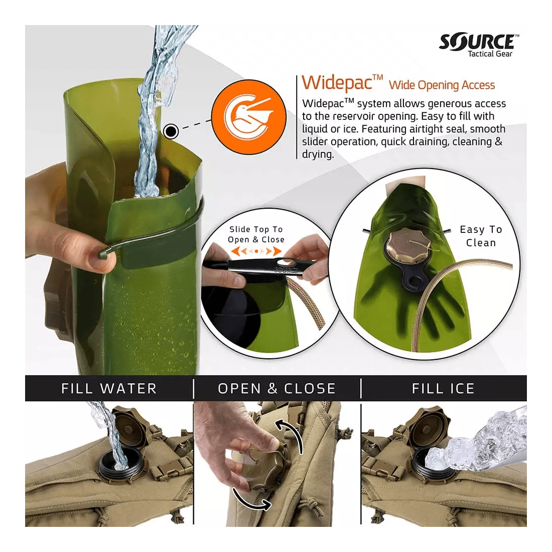 Sac d'hydratation Source Tactical 2 ou 3 L interface QCA et port de remplissage externe