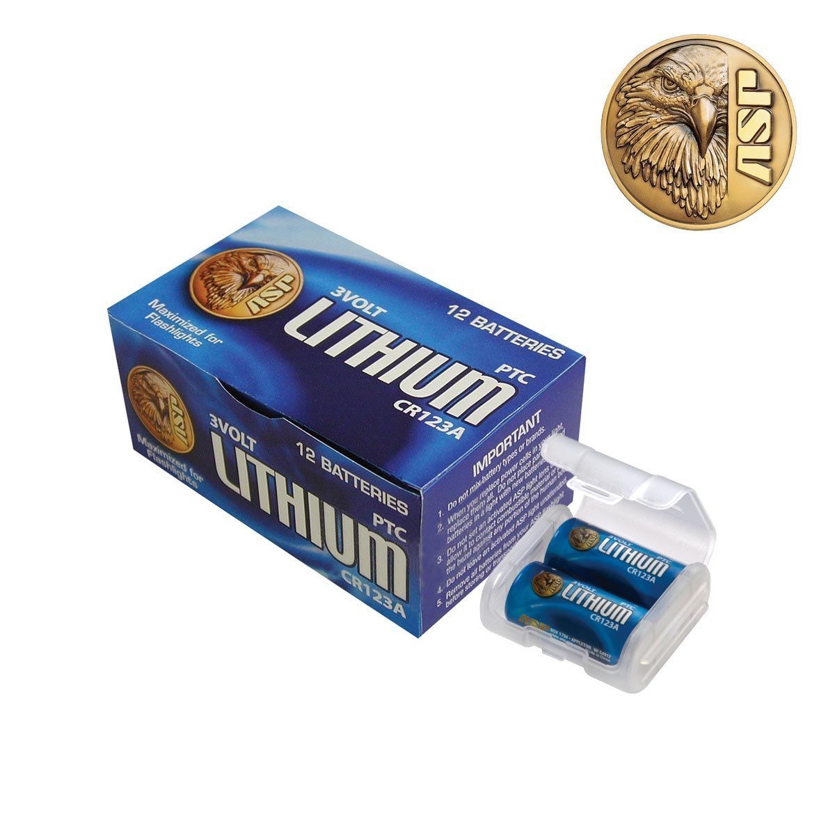 Lot de 12 piles lithium CR123A 3 V ASP à protection PTC avec boîtier de rangement Link