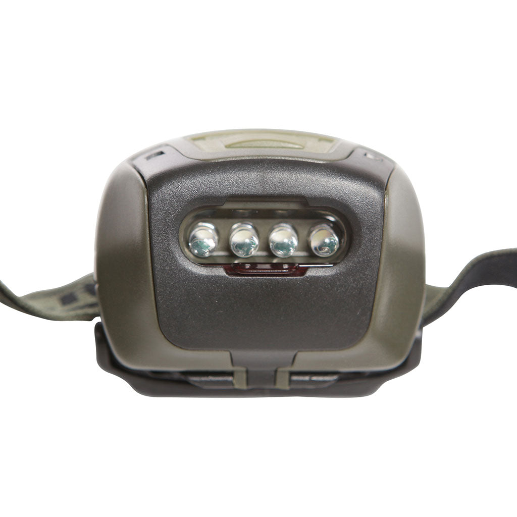 Lampe frontale Ares à quatre diodes avec filtre coulissant et trois modes sur 3 piles AAA
