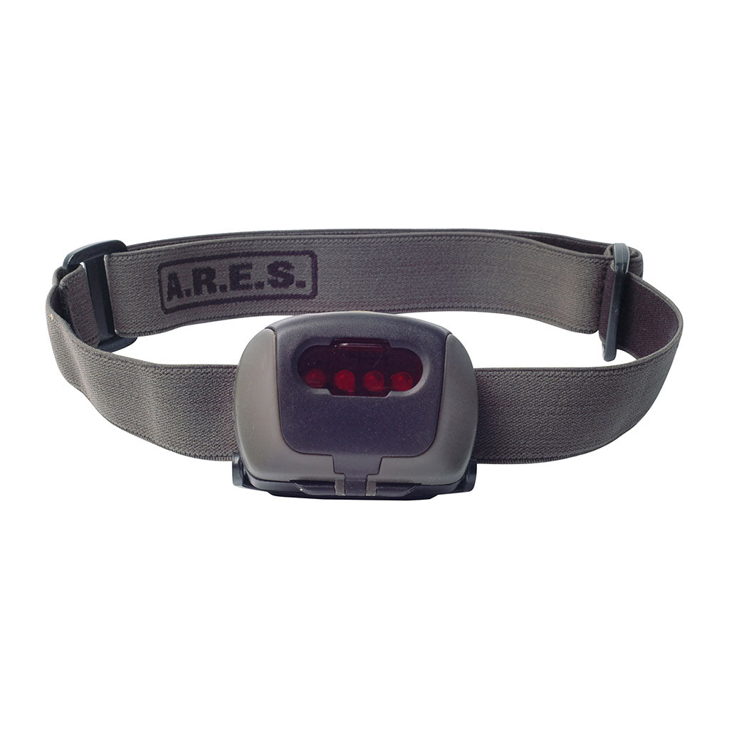 Lampe frontale Ares à quatre diodes avec filtre coulissant et trois modes sur 3 piles AAA