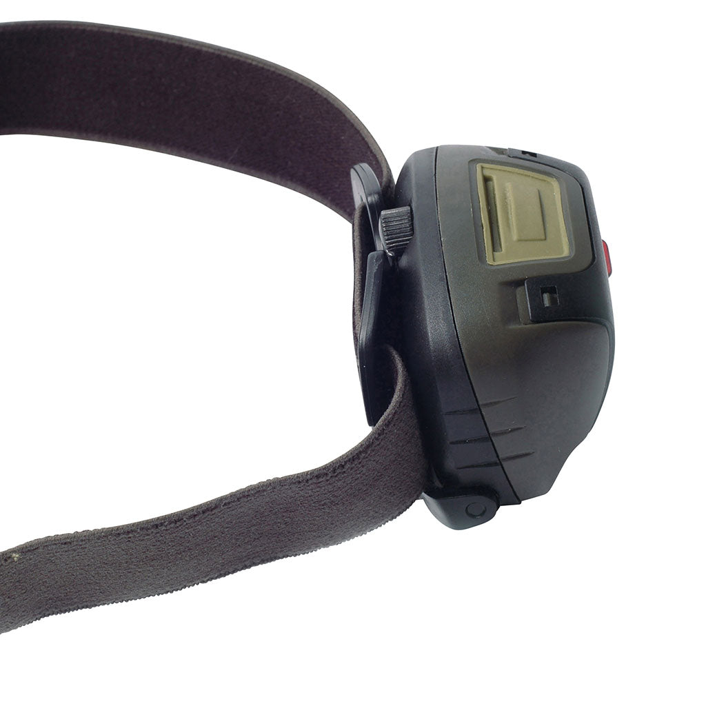 Lampe frontale Ares à quatre diodes avec filtre coulissant et trois modes sur 3 piles AAA