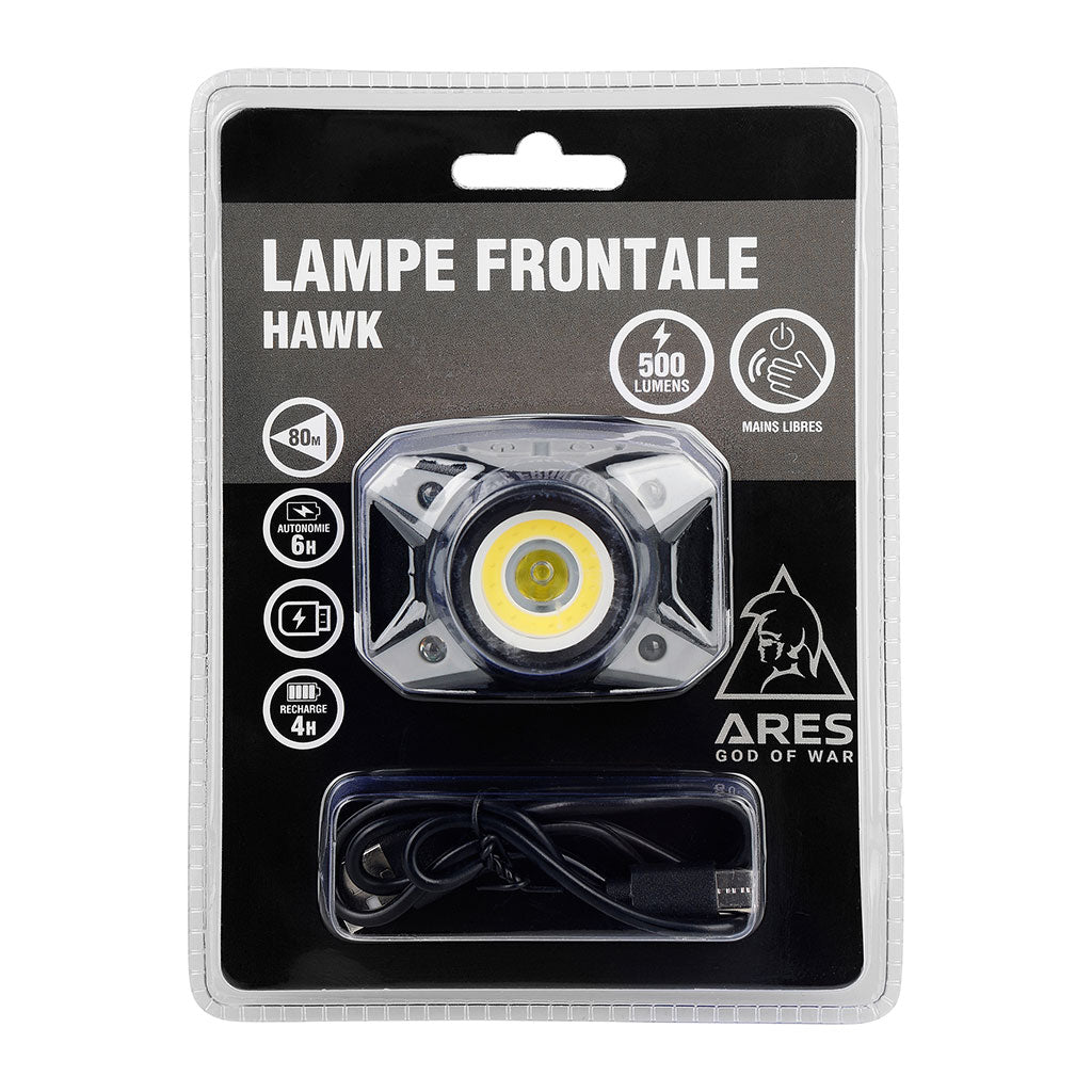 Lampe frontale Ares Hawk 500 lumens rechargeable USB-C à boîtier inclinable