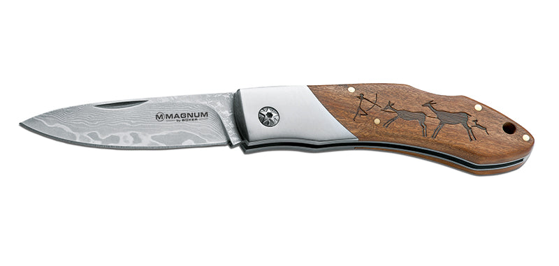 Couteau pliant Boker Magnum Caveman Damas acier Damas lame 82 mm lame drop point