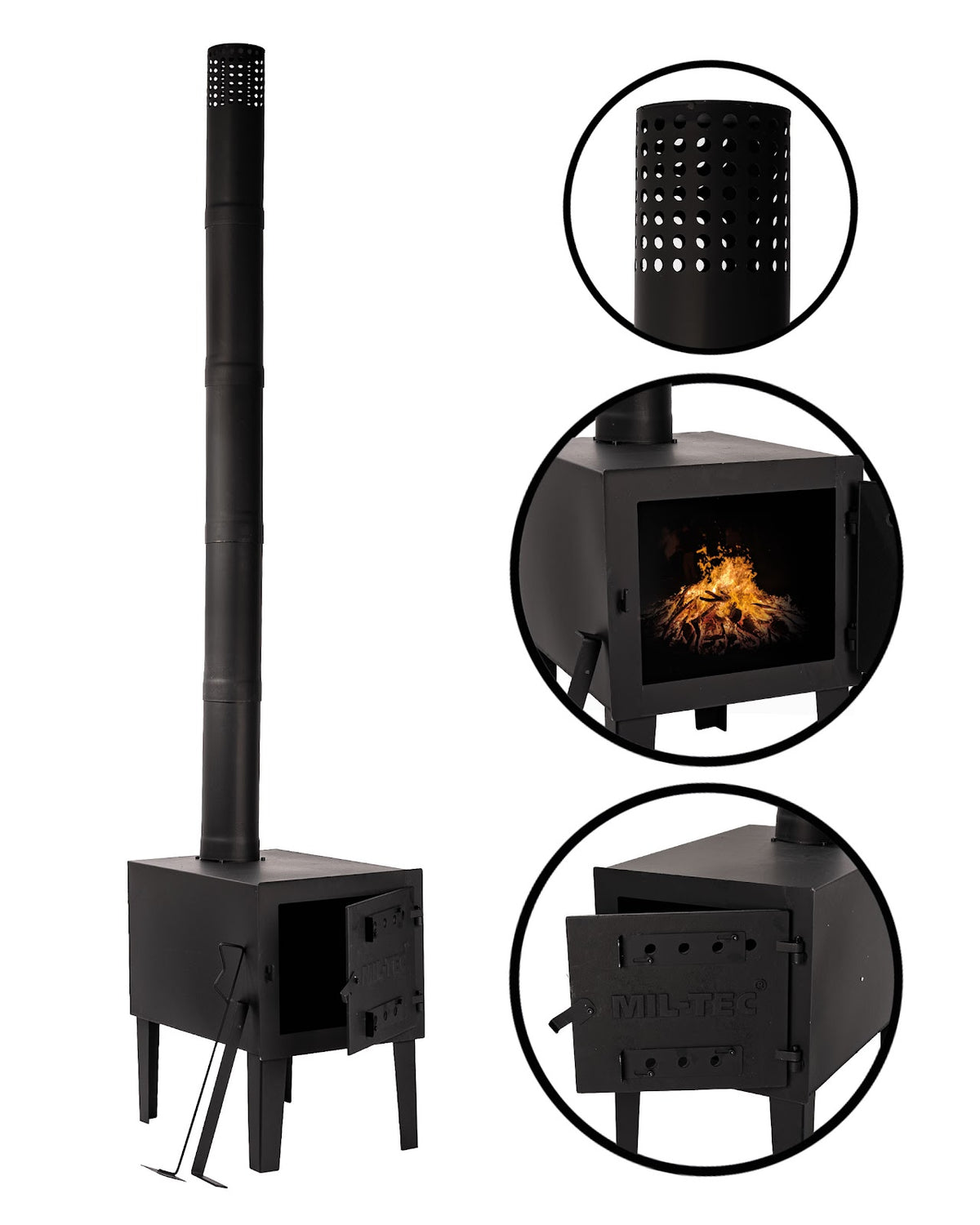 Poêle de tente Mil-Tec en acier au carbone porte en fonte avec conduit de 196 cm