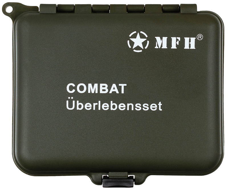 Kit de survie MFH Combat 36 pièces en boîte avec couteau et miroir intégré