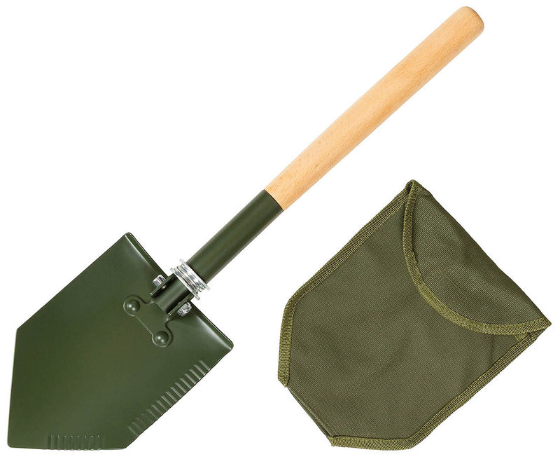 Pelle pliante Deluxe MFH manche bois 2 pièces 60 cm lame à dents avec étui