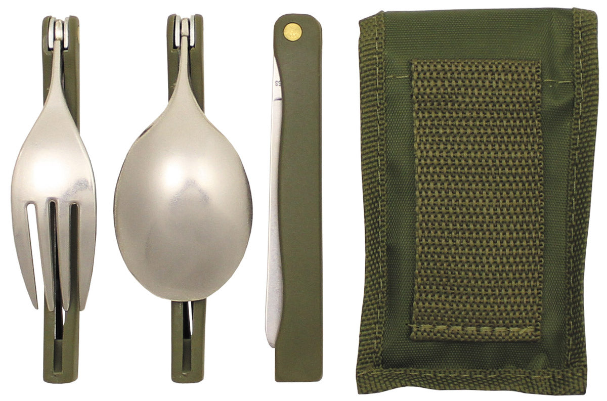 Couverts pliants MFH Camping 3 pièces avec étui en nylon à passant de ceinture