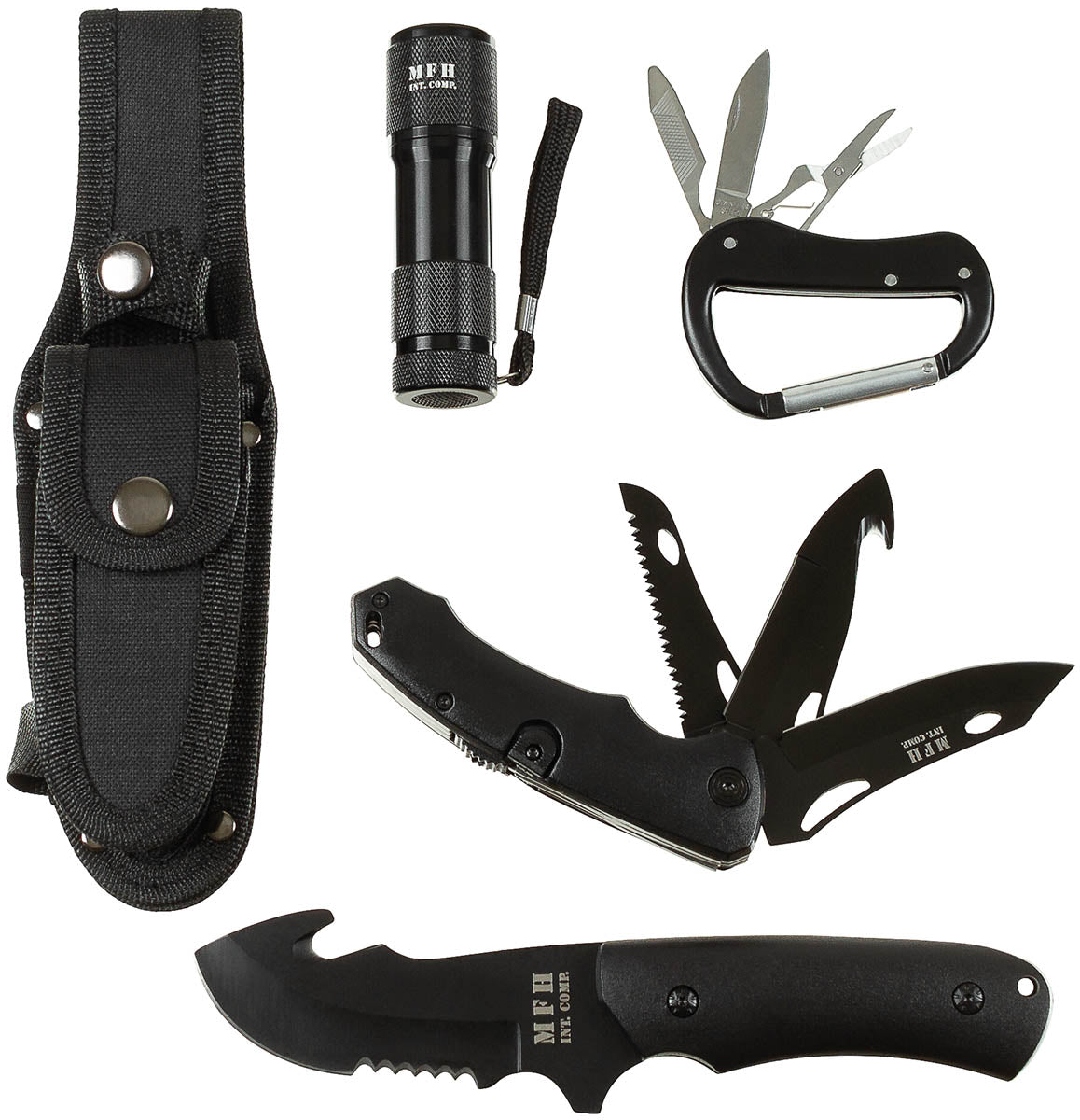 Ensemble couteau de survie MFH lame 10 cm avec couteau pliant scie et lampe