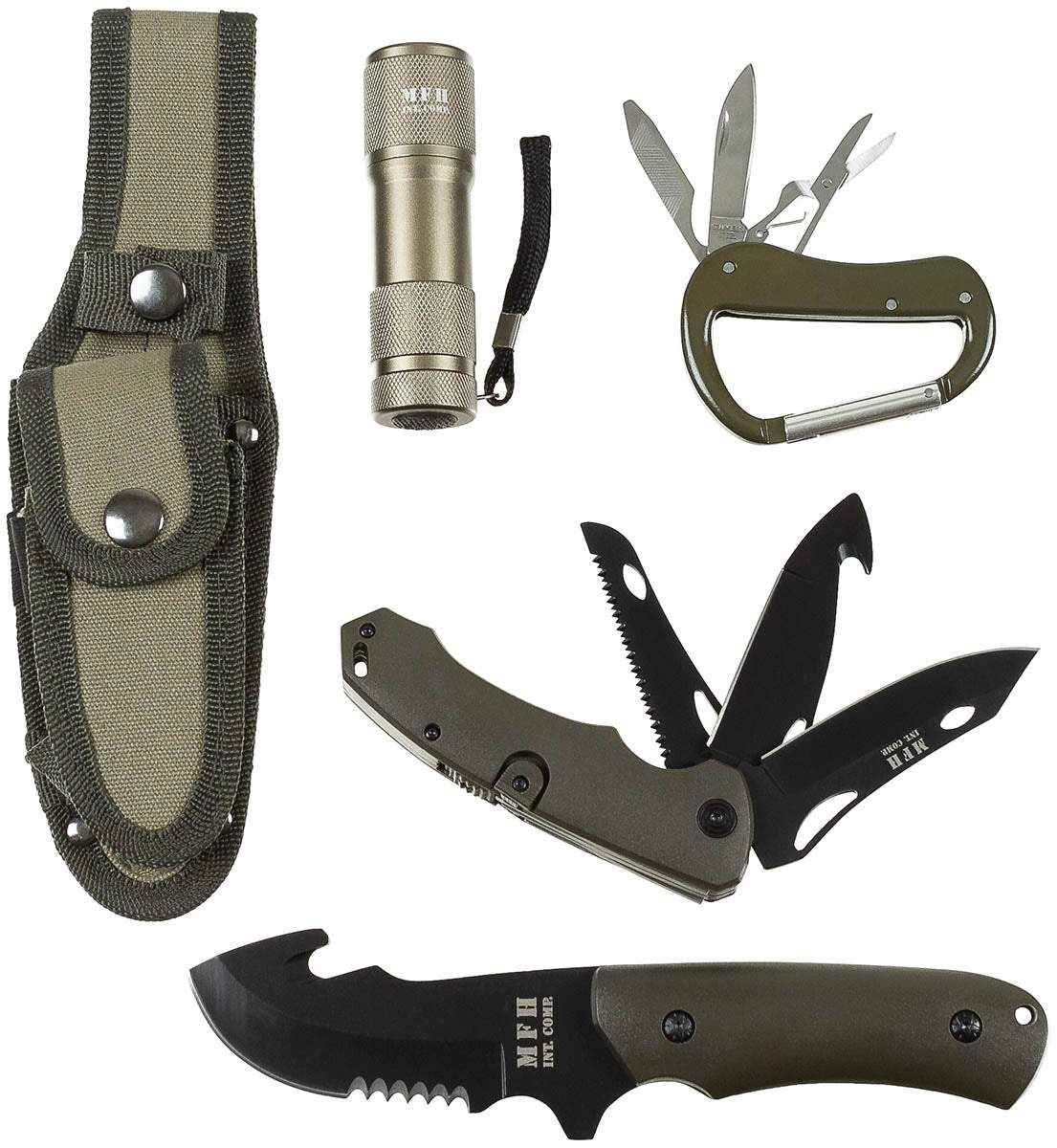 Ensemble couteau de survie MFH lame 10 cm avec couteau pliant scie et lampe
