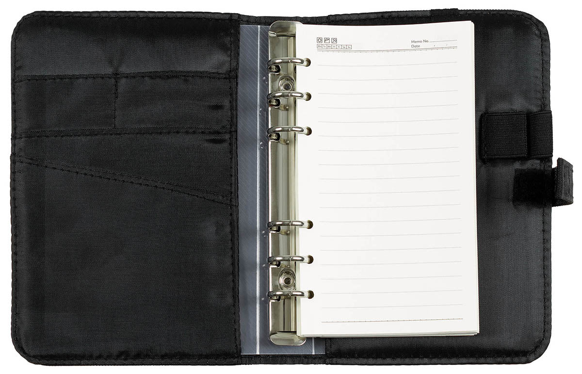 Organiseur A6 MFH 14 x 20 cm avec bloc de feuilles, porte-anneaux et écusson amovible