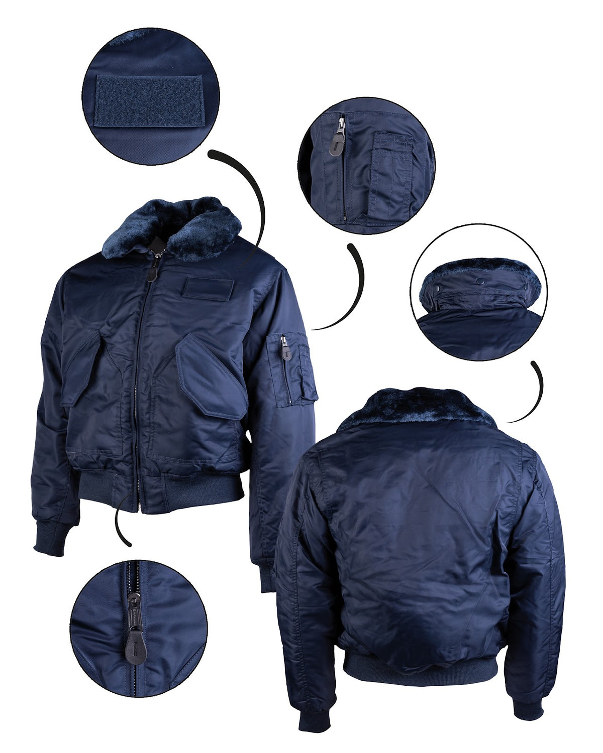 Blouson type CWU Mil-Tec en nylon déperlant matelassé avec col amovible et cinq poches