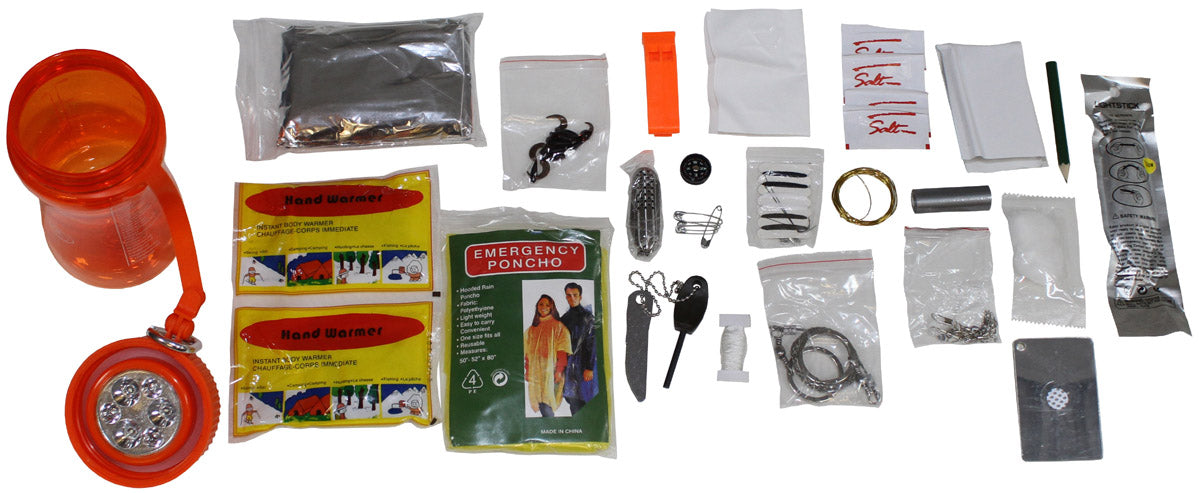 Kit de survie MFH Extreme 34 pièces en boîtier étanche avec lampe solaire
