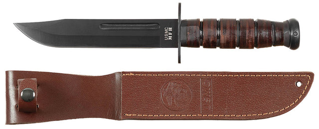 Couteau de combat USMC MFH lame 17,5 cm manche cuir empilé et fourreau cuir cousu