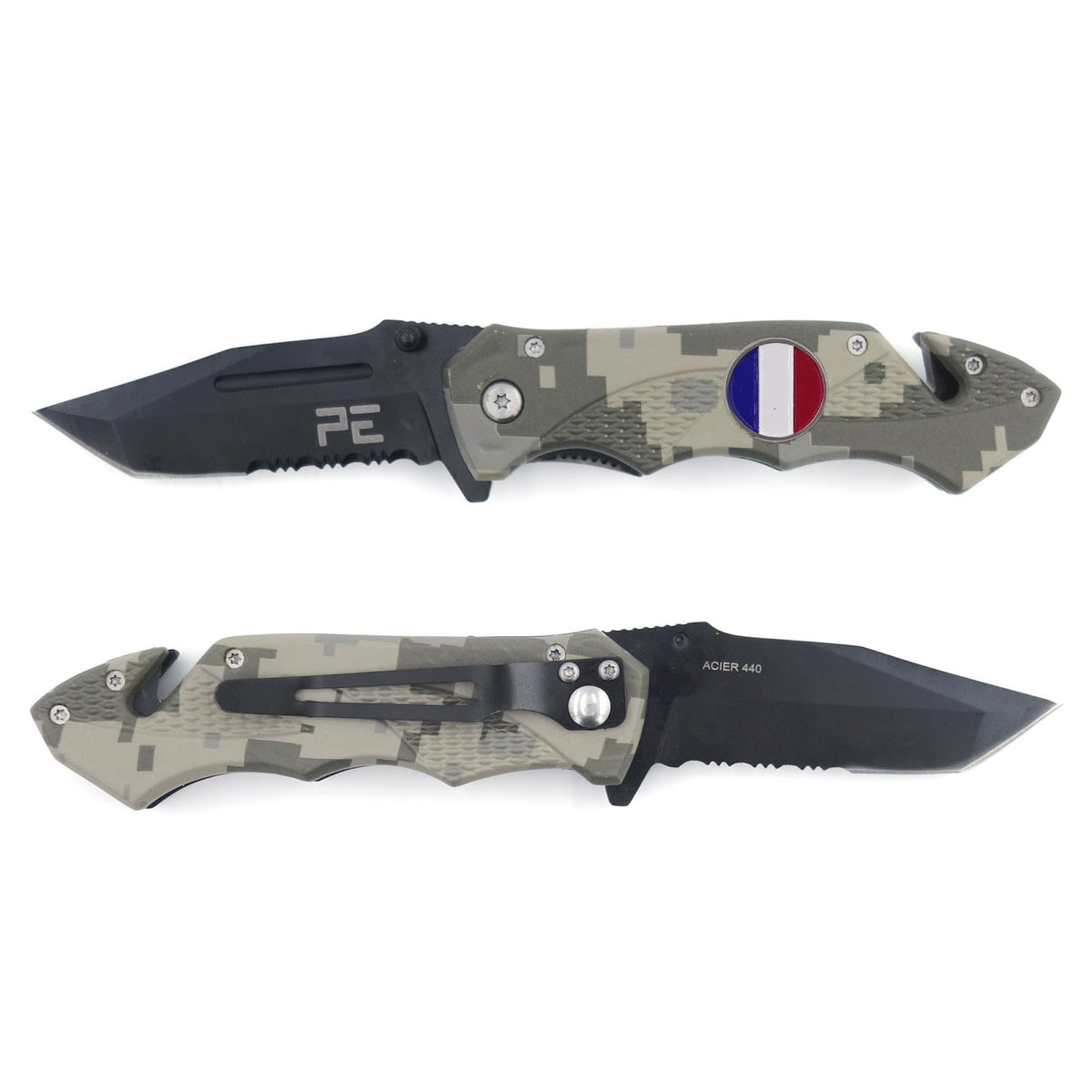 Couteau pliant Survival lame acier inoxydable 440 de 8,5 cm avec étui nylon