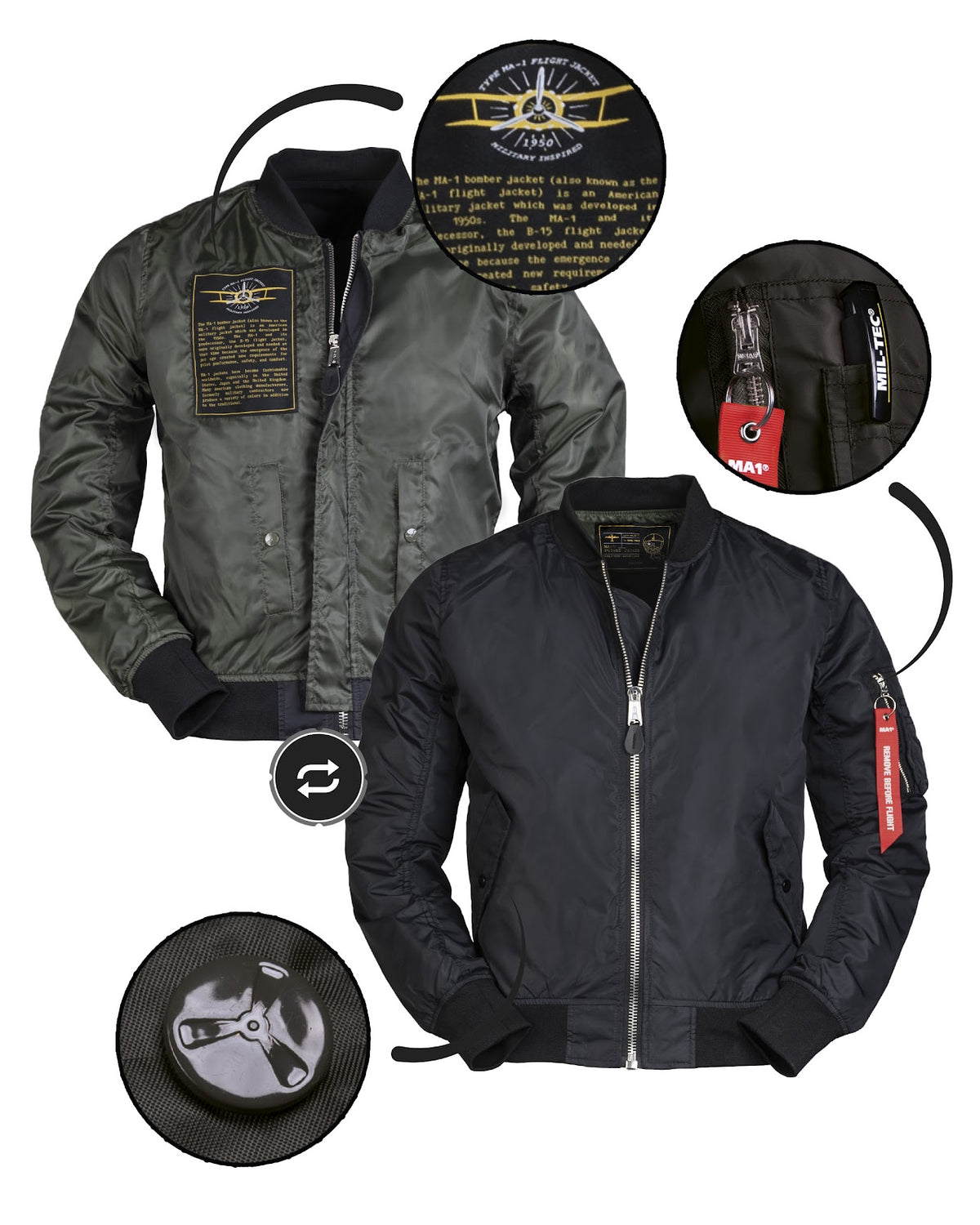 Blouson aviateur type MA1 Summer Mil-Tec en nylon sans garnissage avec poche de bras