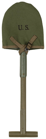 Pelle type US M10 MFH manche bois en T 59 cm avec housse toile à ceinturon